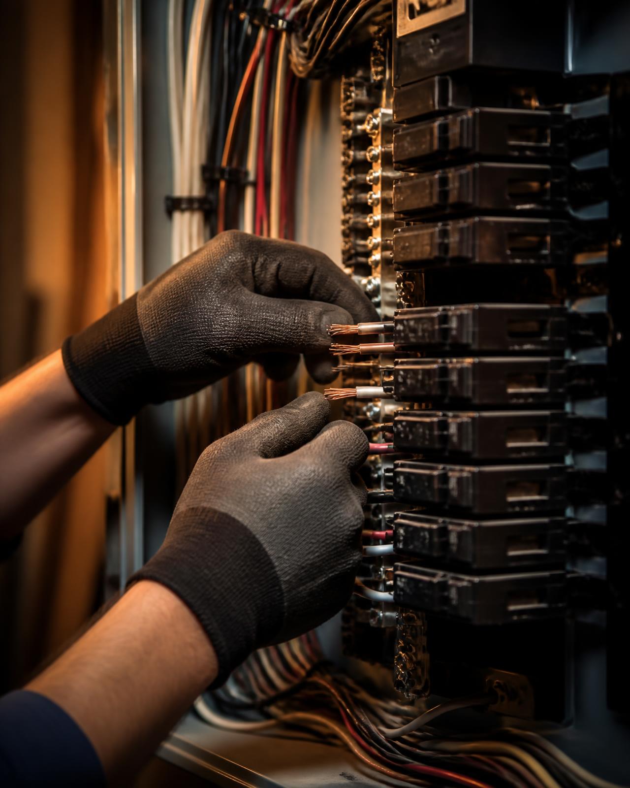 Neatly bent conductors and labeled breakers inside an open residential service panel