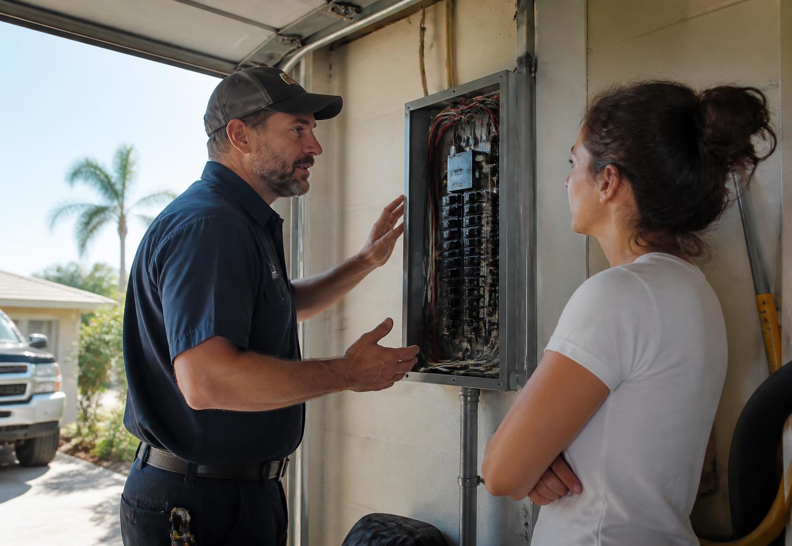 Electrician showing a homeowner the inside of a service panel at the side of a house