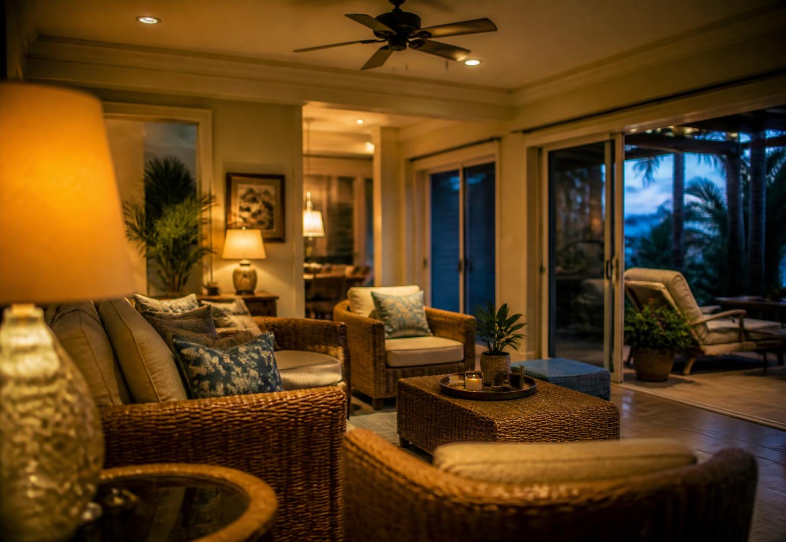 Warm evening interior of a Florida home with lighting on