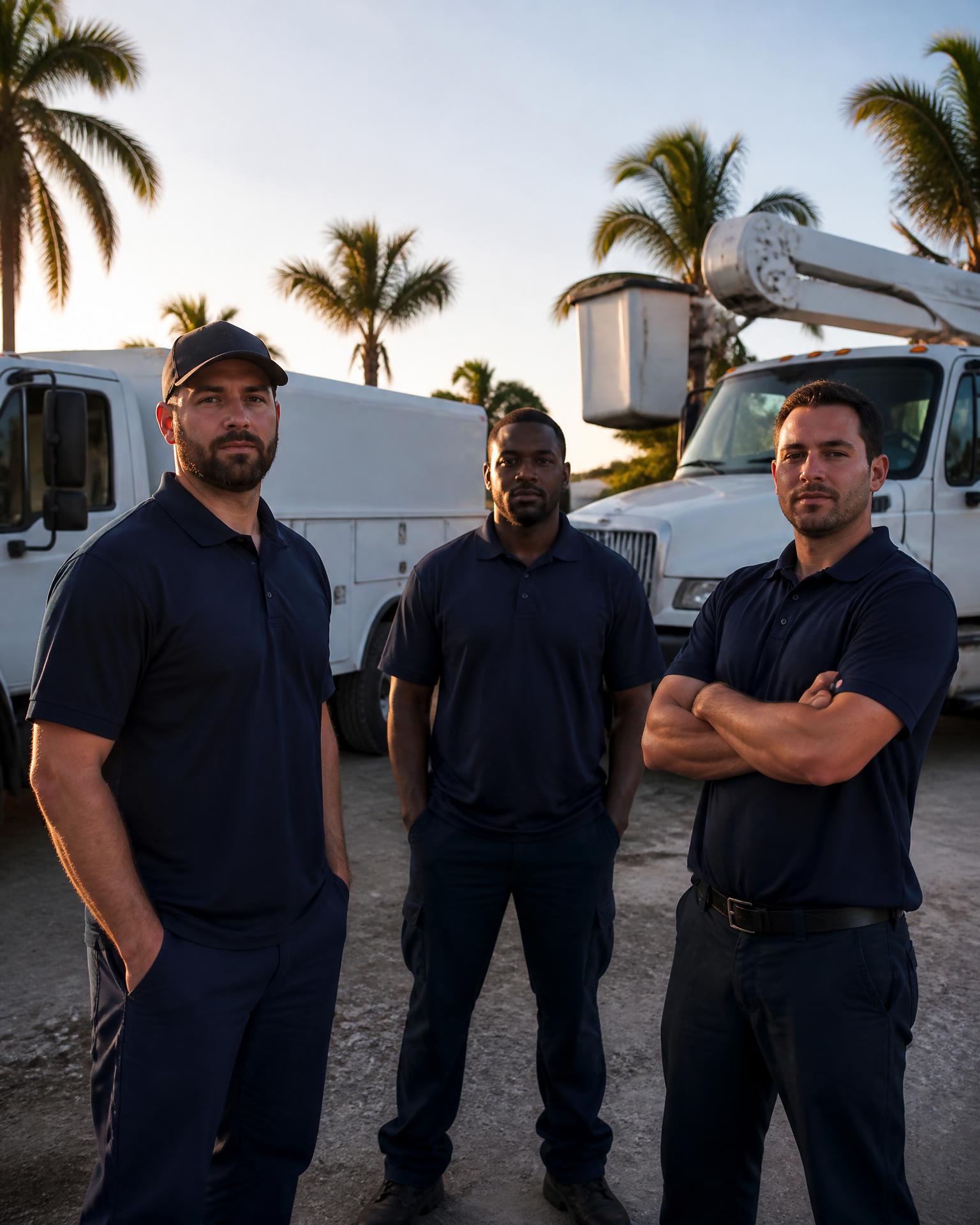 Applebee Electric electricians beside their service trucks on a Fort Pierce job site